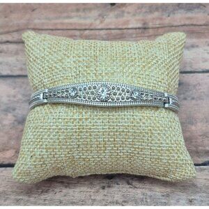 Vintage Silver Tone Link Bracelet Crystal & Studded Accents 7.25"